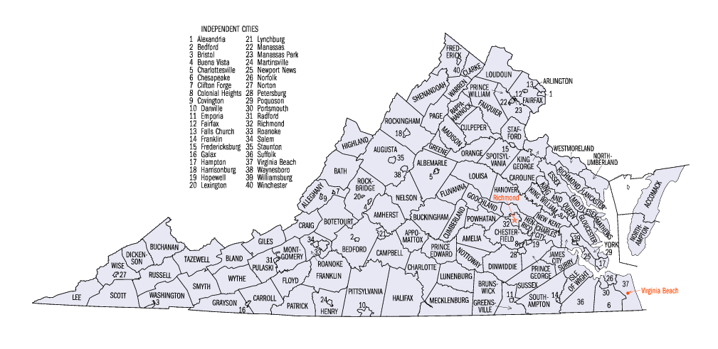 Virginia State Map of Counties